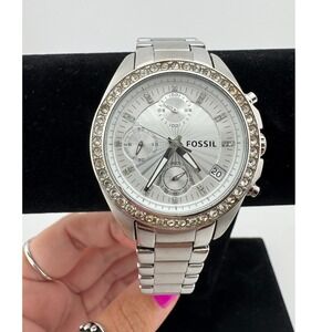 Fossil Womens Chronograph Watch Crystal Bezel Stainless Steel ES2681 40mm